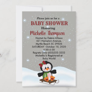 Winter Sled Penguin Baby Shower/Birthday Invite