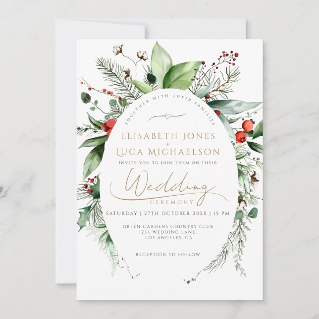 Winter Sleek Elegant Botanical Monogram Wedding Invitation (Front)