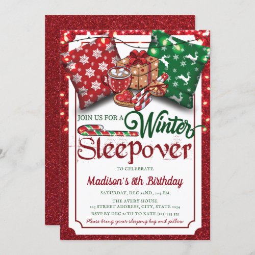 Winter Sleepover Birthday Party Red Glitter  Invitation