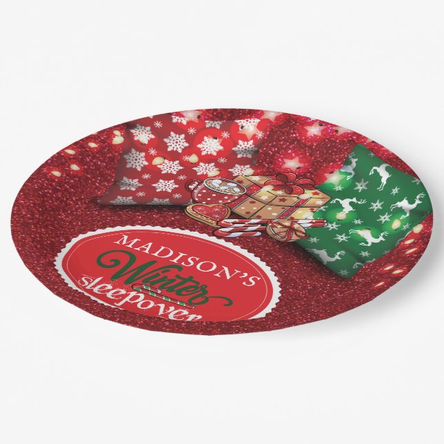 Winter Sleepover Personalized Glitter Paper Plates (Angled)