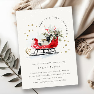 Winter Sleigh Its Cold Outside Neutral Baby Shower Invitation