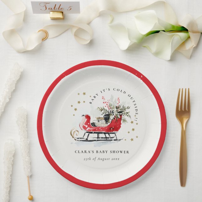 Winter Sleigh Its Cold Outside Neutral Baby Shower Paper Plates (Wedding)