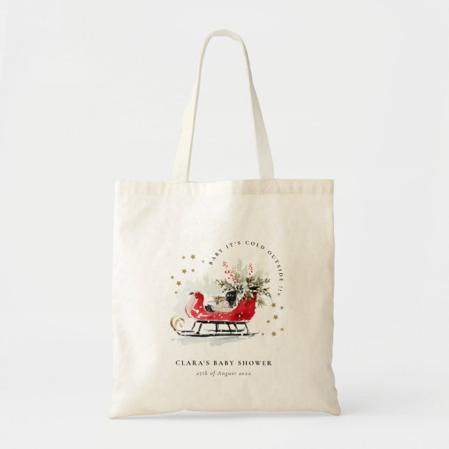 Winter Sleigh Its Cold Outside Neutral Baby Shower Tote Bag (Front)