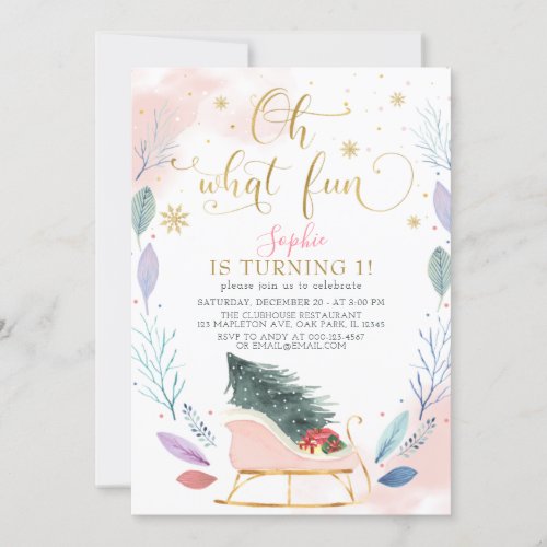 Winter Sleigh Oh What Fun Christmas 1st Birthday Invitation