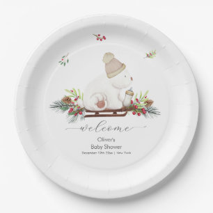 Winter Sleigh Polar Bear Baby Shower Welcome Paper Plates