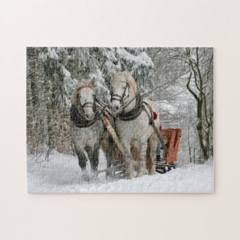 Winter Sleigh Ride Horses Christmas Holiday Jigsaw Puzzle by UniqueChristmasGifts at Zazzle