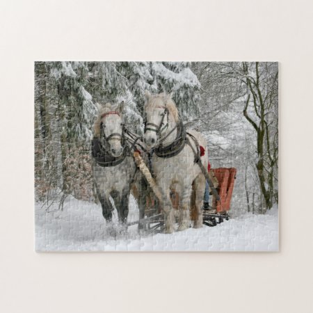 Winter Sleigh Ride Horses Christmas Holiday Jigsaw Puzzle