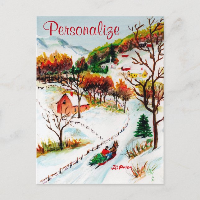 Winter Sleigh Ride Mountain Christmas Watercolor Holiday Postcard (Front)