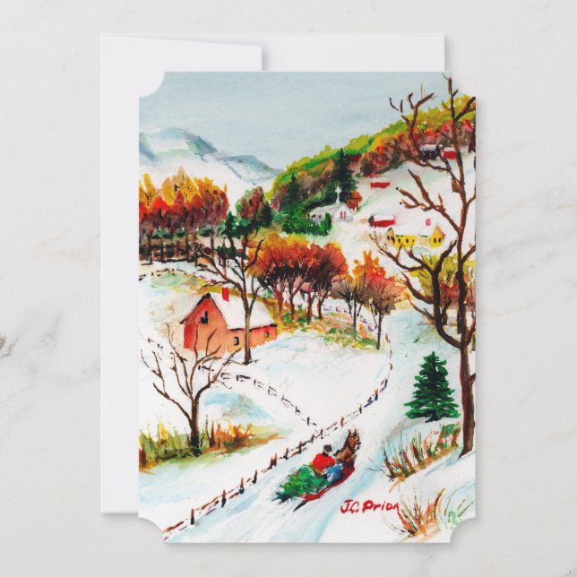 Winter Sleigh Ride Mountain Christmas Watercolor Invitation (Front)