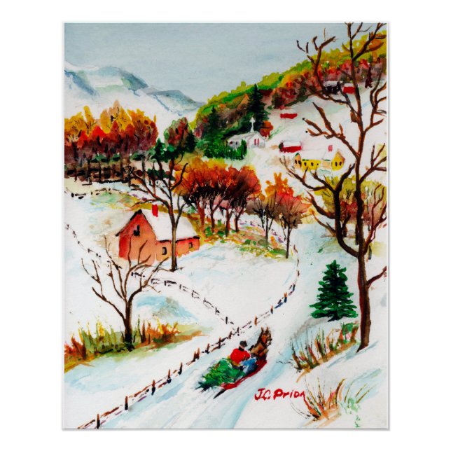 Winter Sleigh Ride Mountain Christmas Watercolor Poster (Front)