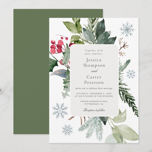 Winter Snow and Evergreen Wedding  Invitation (Front/Back)