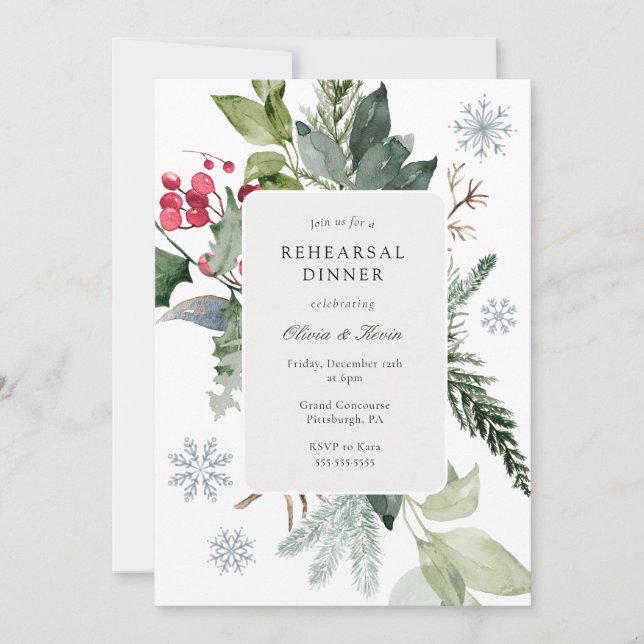 Winter Snow and Evergreen Wedding Rehearsal Dinner Invitation (Front)