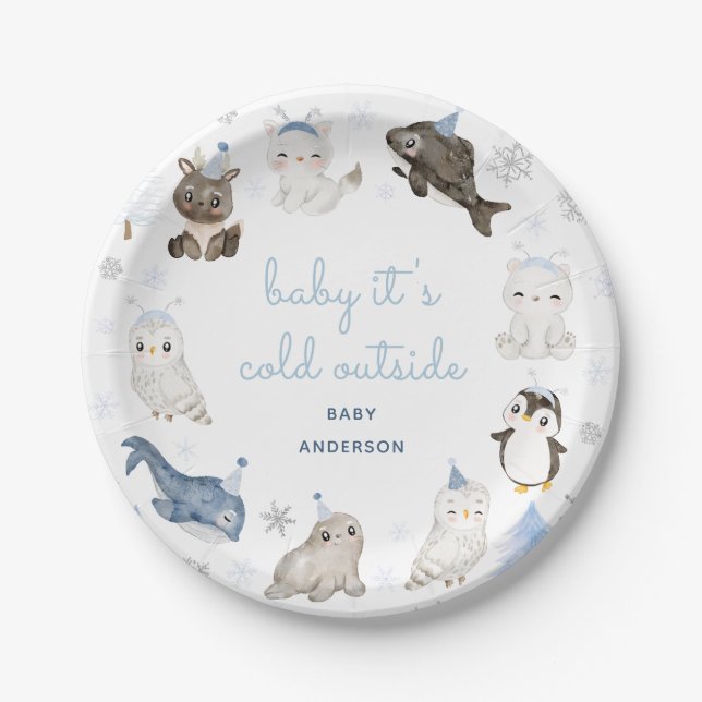 Winter Snow Animals Baby Shower Party Paper Plates (Front)