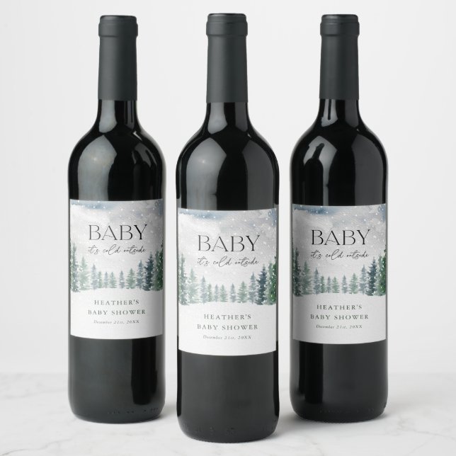 Winter Snow Baby It's Cold Outside Baby Shower Wine Label (Bottles)