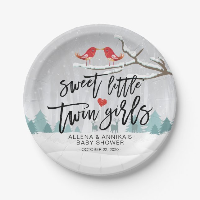 Winter Snow Baby Shower Sweet Little Twin Girls Paper Plates (Front)
