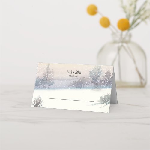 Winter Snow Blue and White Wedding Place Card