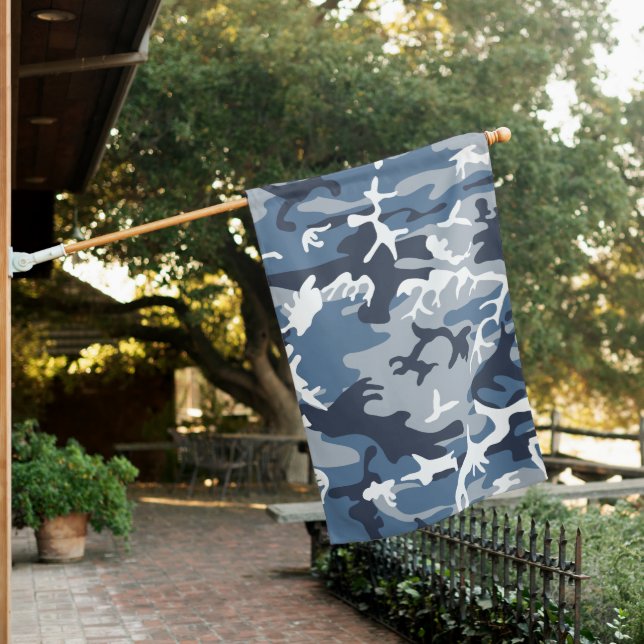 Winter Snow Blue Camouflage, Military, Army House Flag (In SItu)