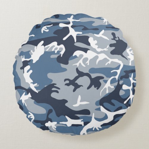 Winter Snow Blue Camouflage Pattern Military Army Round Pillow