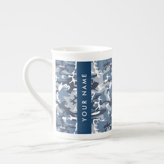 Winter Snow Blue Camouflage Your name Personalize Bone China Mug (Left)