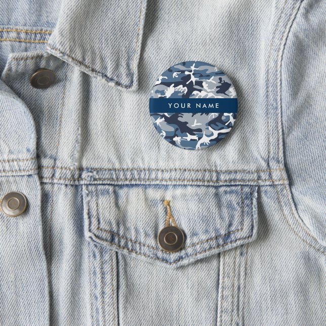 Winter Snow Blue Camouflage Your name Personalize Button (In Situ)