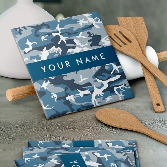 Winter Snow Blue Camouflage Your name Personalize Ceramic Tile (Creator Uploaded)
