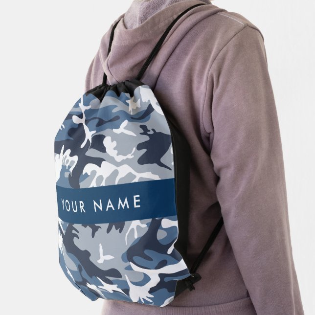 Winter Snow Blue Camouflage Your name Personalize Drawstring Bag (Insitu)