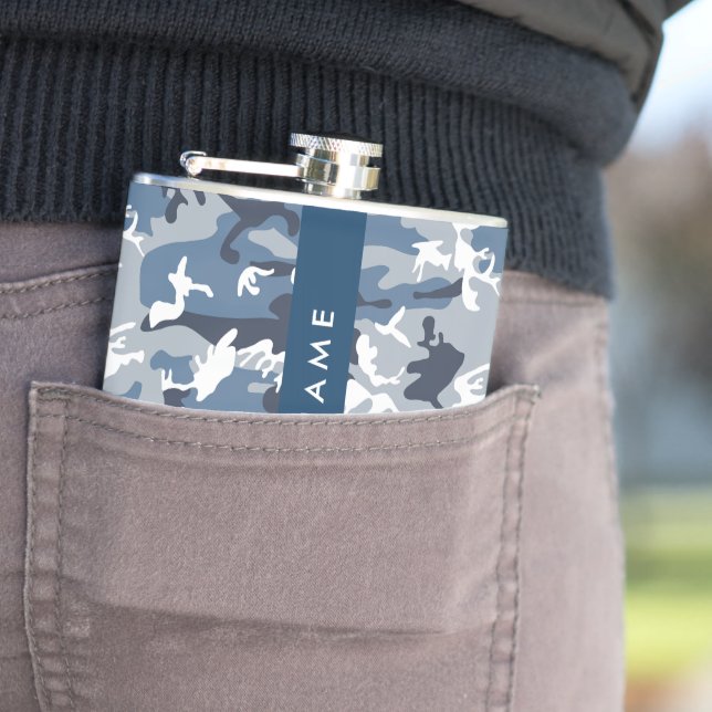 Winter Snow Blue Camouflage Your name Personalize Flask (In Situ)