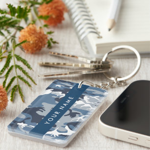 Winter Snow Blue Camouflage Your name Personalize Keychain