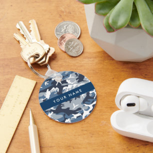 Winter Snow Blue Camouflage Your name Personalize Keychain