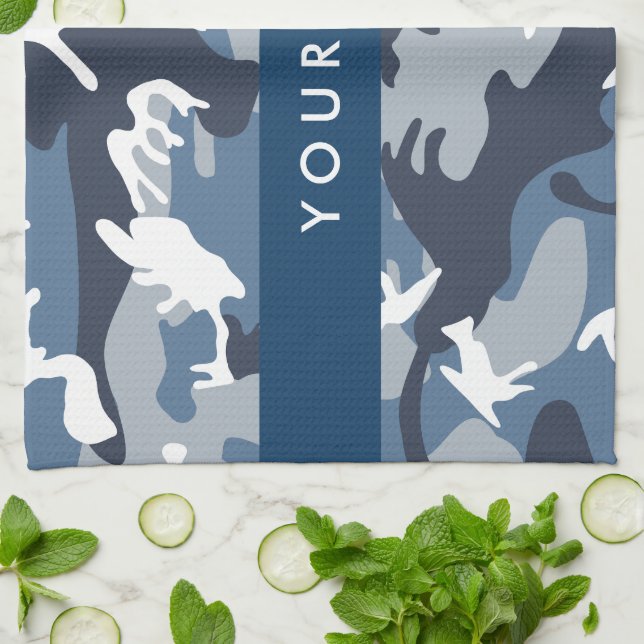 Winter Snow Blue Camouflage Your name Personalize Kitchen Towel (Folded)