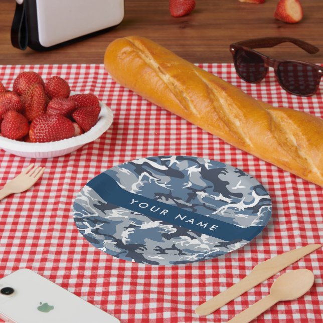 Winter Snow Blue Camouflage Your name Personalize Paper Plates (Picnic)