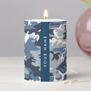 Winter Snow Blue Camouflage Your name Personalize Pillar Candle