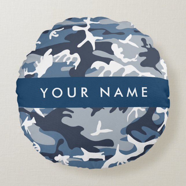 Winter Snow Blue Camouflage Your name Personalize Round Pillow (Front)
