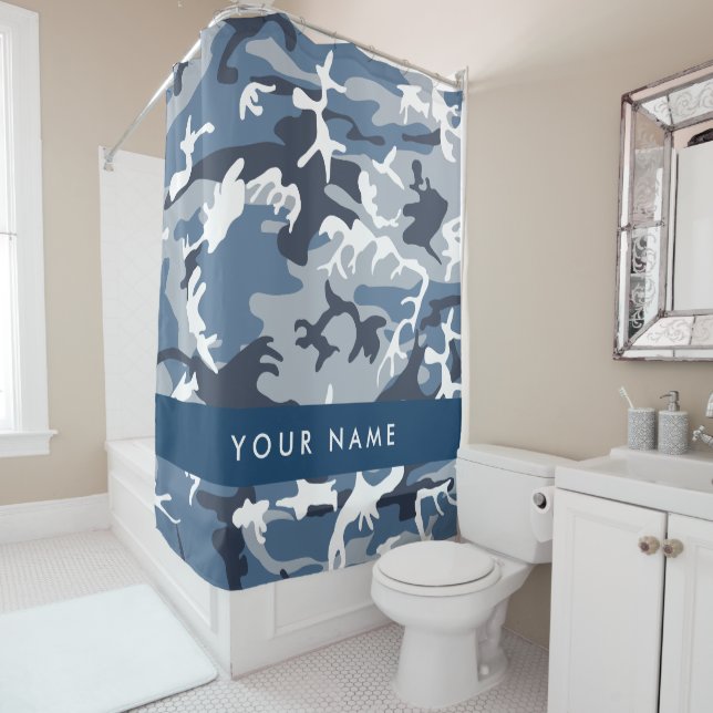 Winter Snow Blue Camouflage Your name Personalize Shower Curtain (In Situ)