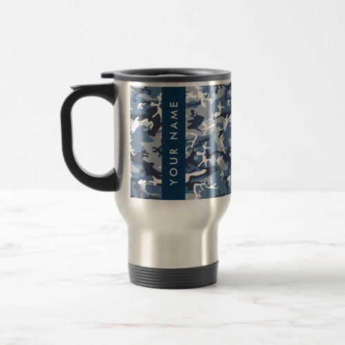 Winter Snow Blue Camouflage Your name Personalize Travel Mug