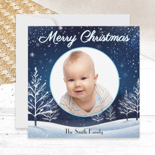 Winter Snow Blue Night Sky Custom Photo Elegant Holiday Card