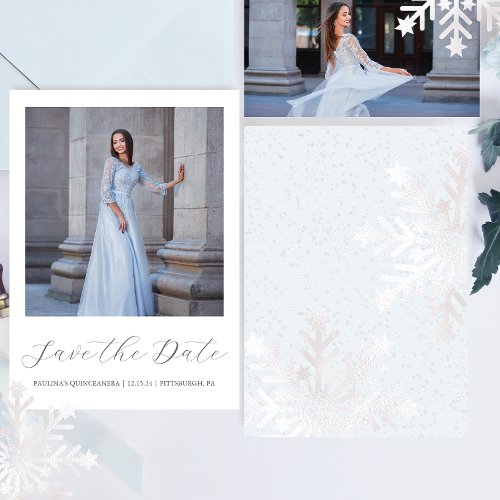 Winter Snow Blue Quinceanera Calligraphy Photo Save The Date