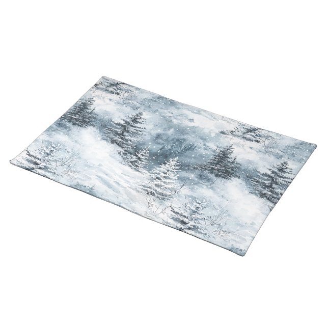 Winter Snow Blue White Christmas Pine Trees  Cloth Placemat (On Table)