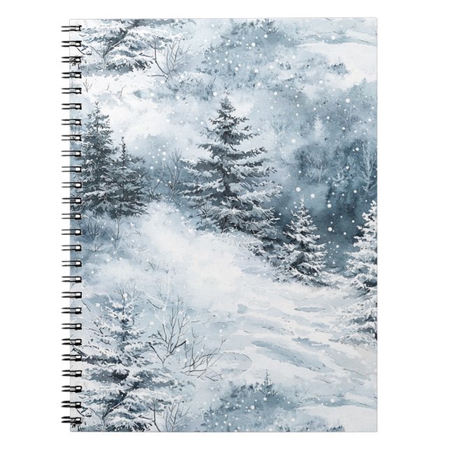 Winter Snow Blue White Christmas Pine Trees  Notebook (Front)