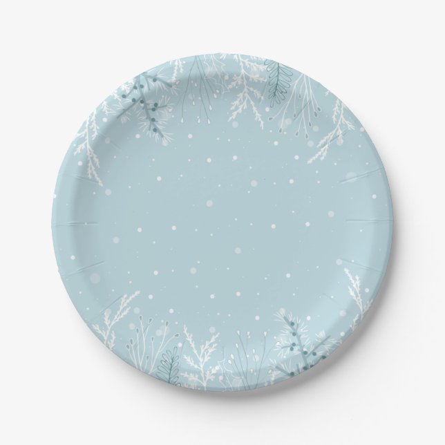 Winter Snow Branch Blue Christmas Holiday Paper Plates (Front)