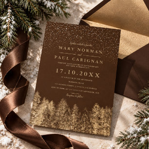 Winter snow Brown pine trees forest wedding Invitation