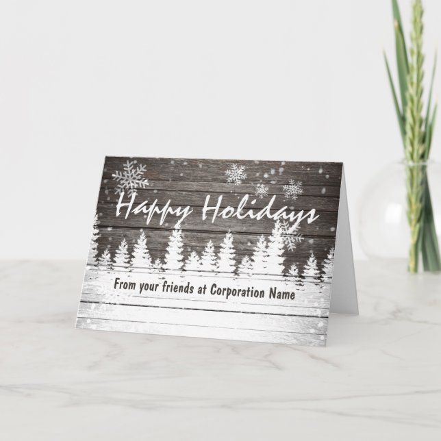 Winter snow brown wood corporate greetings holiday card (Front)