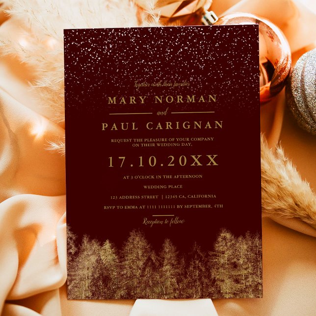 Winter snow burgundy pine trees forest wedding invitation (Winter snow burgundy pine trees forest wedding invitation)