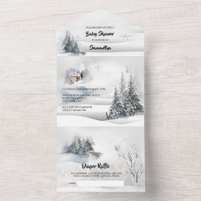 Winter snow cabin white fox owl wonderland all in one invitation (Inside)