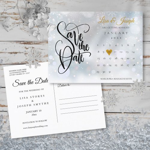 Winter Snow Calendar Gold Heart Save The Date Announcement Postcard