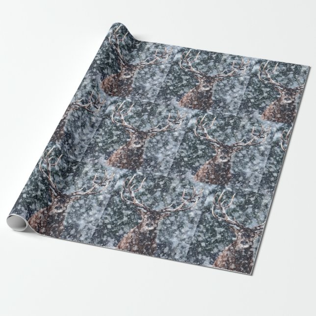 Winter Snow Christmas Deer Wrapping Paper (Unrolled)
