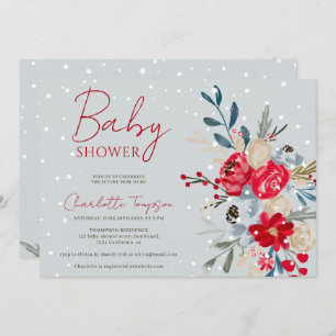 Winter snow Christmas flowers script baby shower Invitation