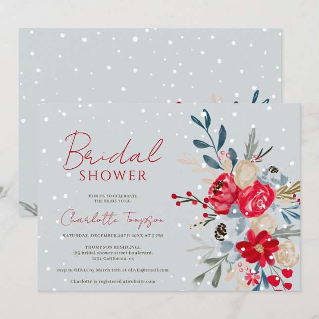 Winter snow Christmas flowers script bridal shower Invitation (Front/Back)