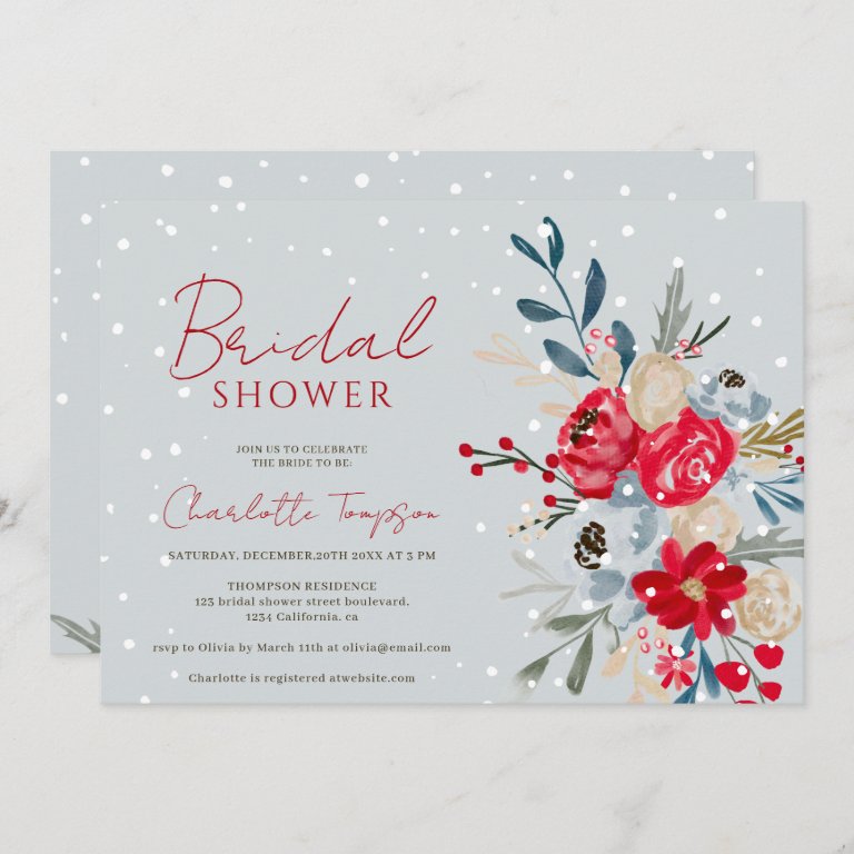 Winter snow Christmas flowers script bridal shower Invitation