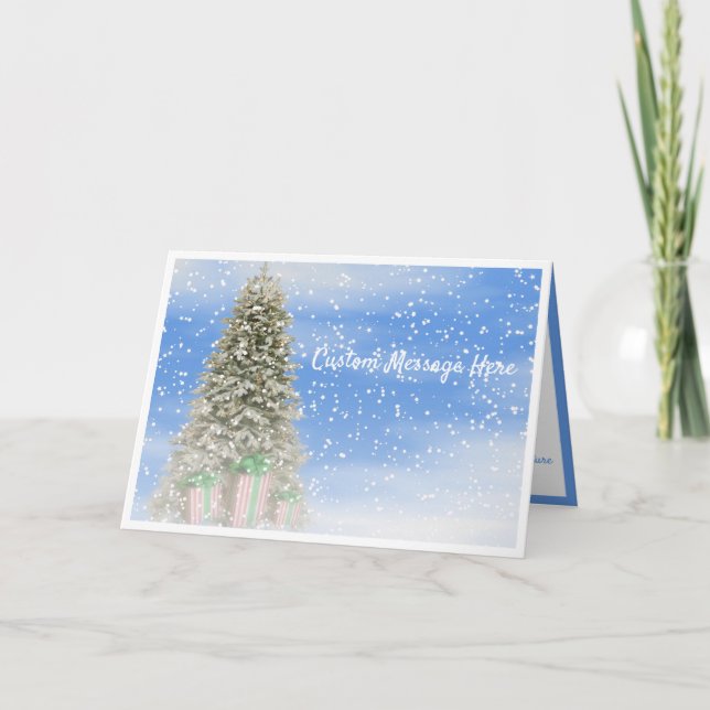 Winter Snow Christmas Tree & Snowflakes Holiday Card (Front)